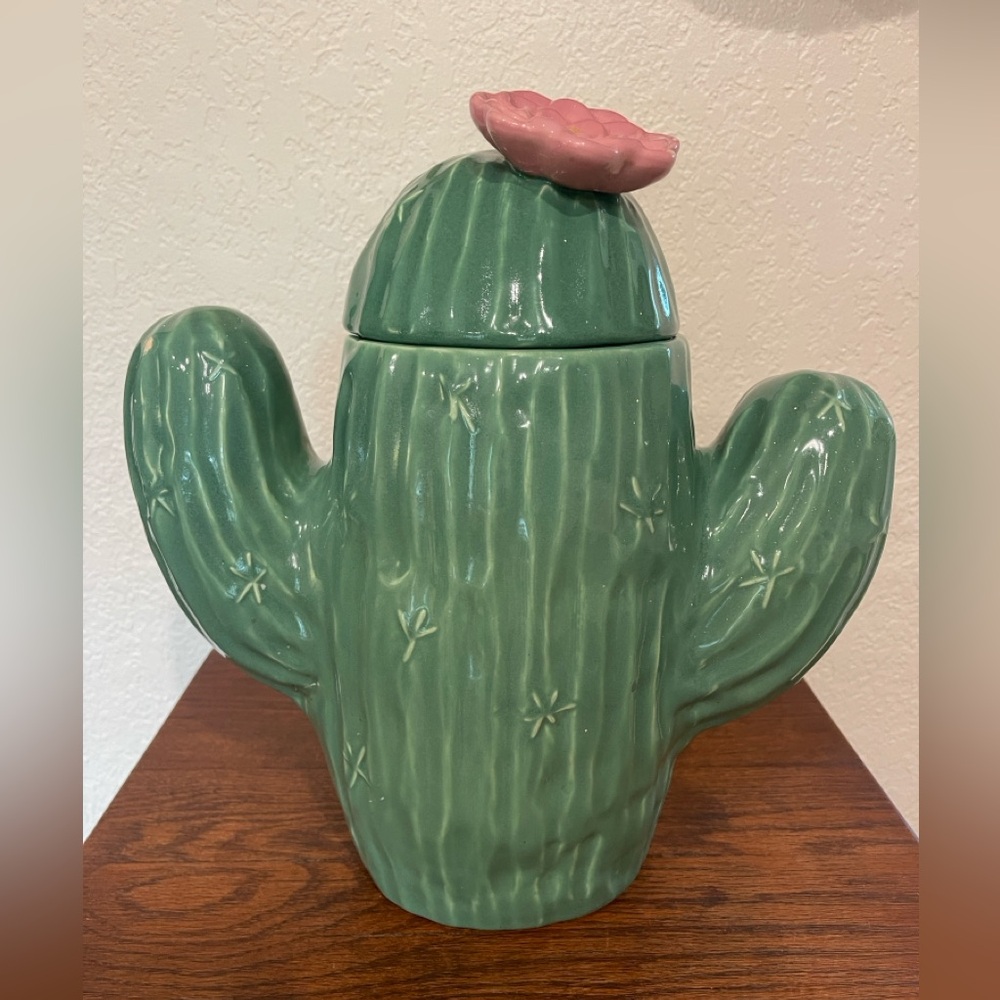 Treasure Craft Green Cactus With Pink Bloom Flower Cookie Jar Canister 12.5"
